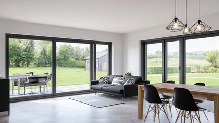 Fototapeta premium Modern Living Room with Open View and Elegant Outdoor Space