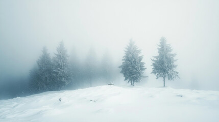 Serene winter landscape with foggy trees and snow covered ground icy cold blue calm misty quiet white
