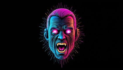 Naklejka premium Vivid expression of a fierce face illuminated by neon colors at night