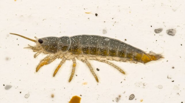 Scud crawling on white background showing exoskeleton and antennae