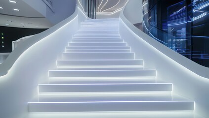 Fototapeta premium Futuristic appeal in modern setting with illuminated white staircase, glowing lines.