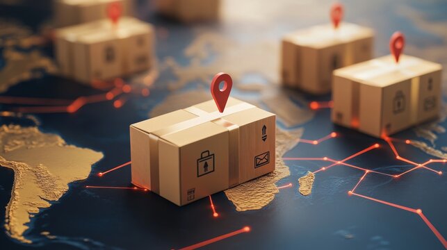 Worldwide delivery routes visualization, 3D parcel boxes floating above continents, minimal transport icons, red navigation markers, dotted path connections, clean modern design, professional
