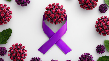 3D awareness ribbon surrounded virus like spheres and leaves, symbolizing health and awareness