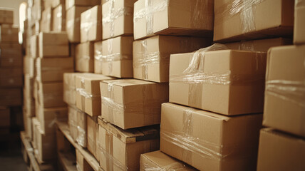 Stacked cardboard boxes in a warehouse ready for shipping.
