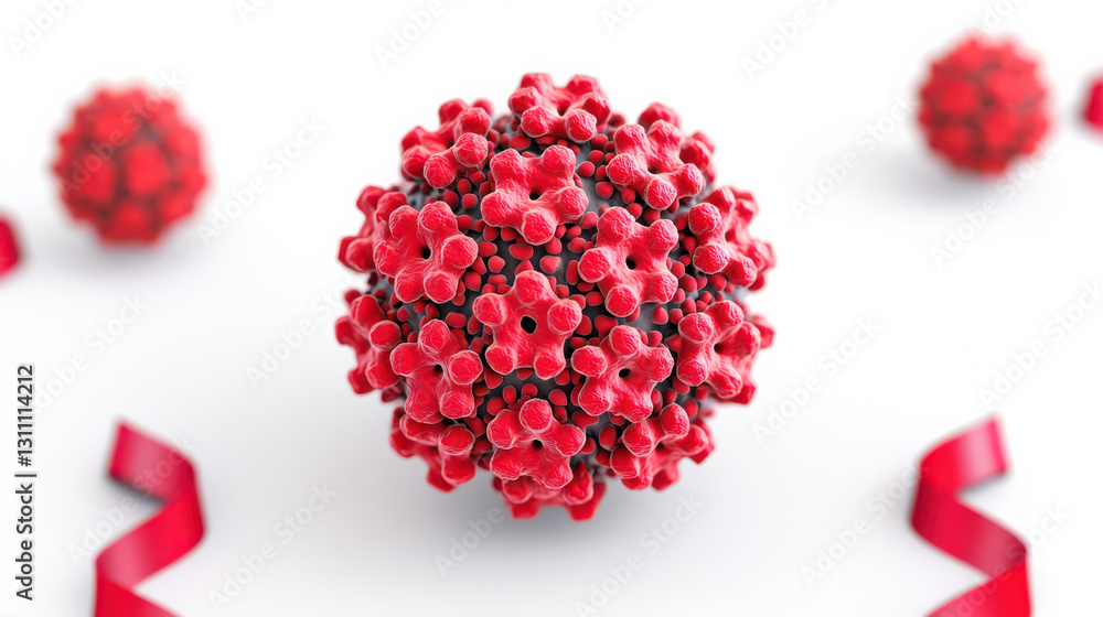 Poster 3d hpv virus particle illustration with red spikes and black core, showcasing intricate details and 