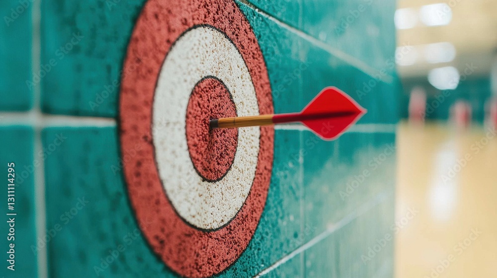 Poster arrow embedded in red and white target on colorful wall