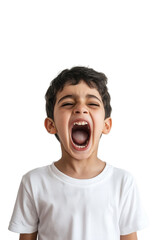 Boy with dark hair yelling excitedly on isolated white background, playful expression, joyful childhood, energetic emotions, fun and happiness concept.