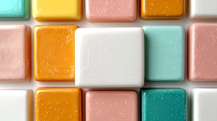 Fototapeta premium Colorful ceramic tiles in various shapes and sizes arranged in a vibrant mosaic.