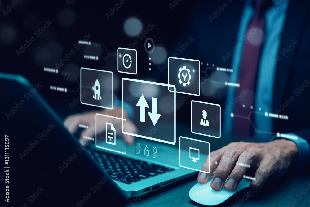 Poster businessman using a laptop with futuristic digital interface. concept of cloud computing, data trans