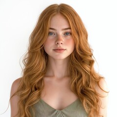 Fototapeta premium Person with fair cream skin, long strawberry blonde hair in a soft sage green dress, natural flow, subtle blush, full view, isolated on white background - Generative AI
