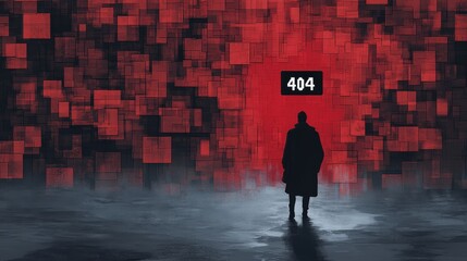 Silhouette of a man exploring pixelated walls in a red digital landscape with the message '404' illuminated. 404 Day