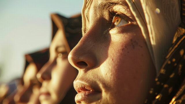 a close-up of pilgrims' faces filled with devotion, viewed from a low angle. Majestic Kaaba background.