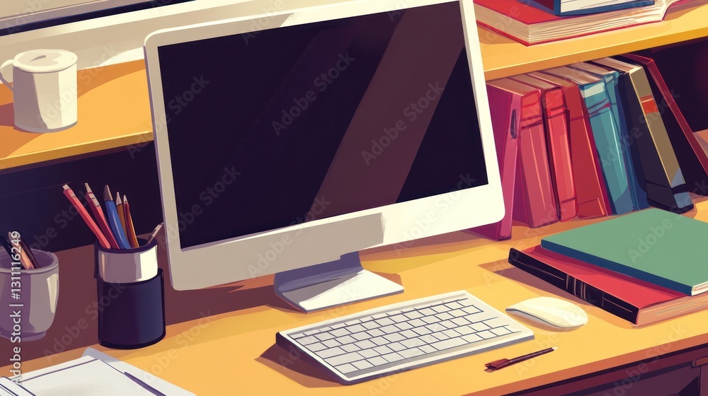 Poster study desk with computer and books