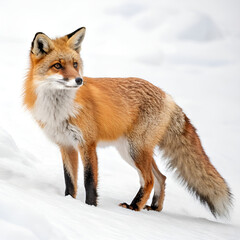 Obraz premium Majestic Red Fox Standing in a Snowy Winter Landscape – High-Quality Wildlife Photography.