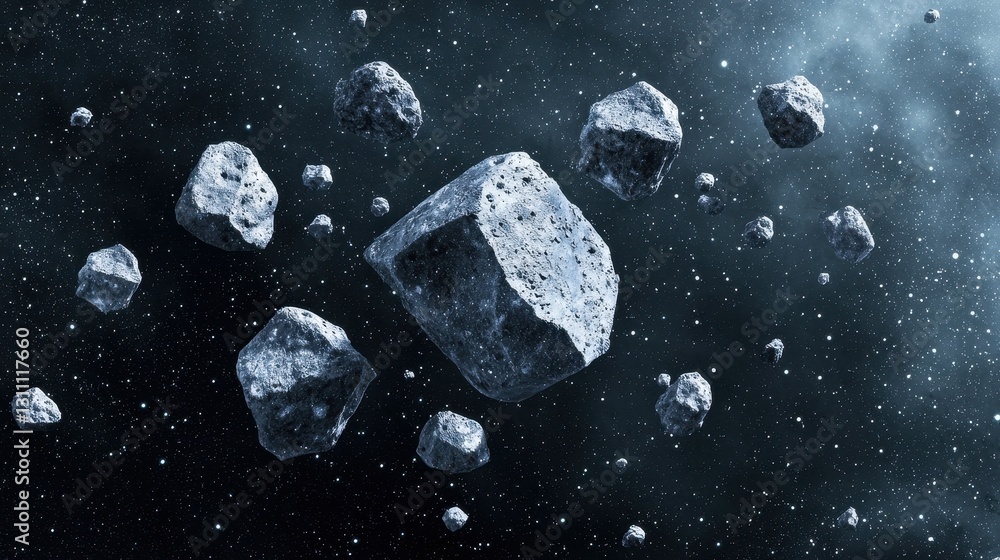 Aufkleber floating asteroids in outer space against a distant starry background