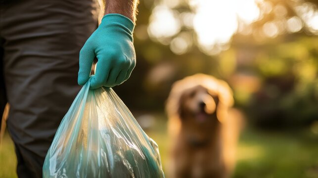 Man holding a garbage bag while walking with a dog in a sunny outdoor setting during late afternoon. International Pooper Scooper Week