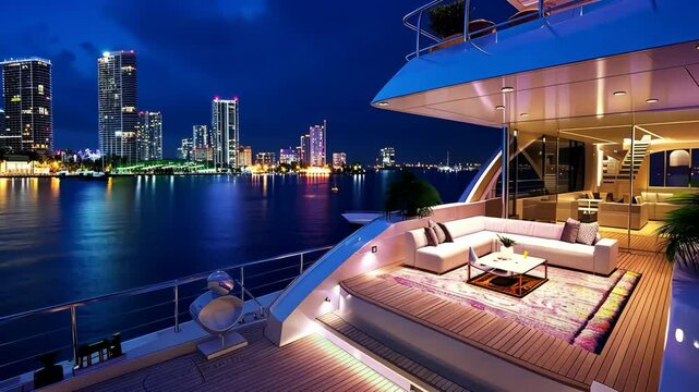 Relax on a luxury yacht as the city skyline lights up at night, featuring elegant seating and breathtaking views of the water