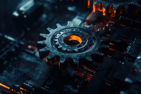 Ultra-detailed 3D rendering of dark, game-inspired gears, industrial backdrop.