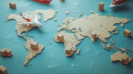 Fototapeta premium Global logistics network map, floating cardboard packages, miniature white aircraft, red cargo ships, dotted route lines, isometric transportation icons, light blue world map background, minimalist