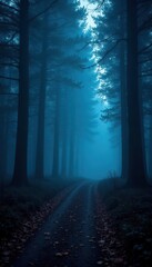 Fototapeta premium Misty forest path, eerie Halloween night Spooky trees, fog, shadows , night, panorama, leaves