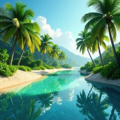 Emerald palms reflect, still water gleams, endless sand surrounds , high resolution, life, flora
