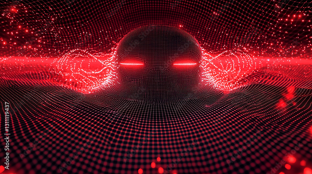 Poster abstract red digital grid network with glowing eyes futuristic technology background 3d dark mesh