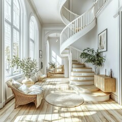 Elegant spiral staircase in a bright, airy home with natural light and stylish decor