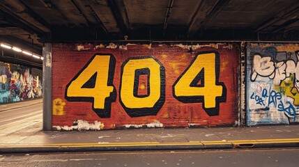 Bright yellow 404 mural on an urban wall under a bridge with graffiti in a vibrant and colorful street setting. 404 Day