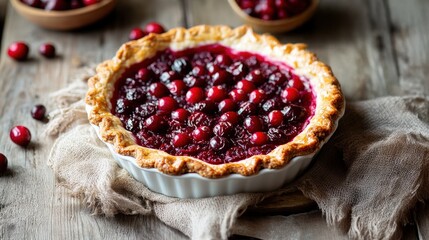 Juicy berry pie fresh from the oven with golden crust and vibrant filling displayed on rustic wooden table. Cranberries and Gooseberries Month