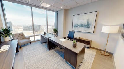 Modern office, city view, desk, chair, meeting