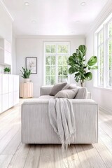 Naklejka premium Stylish modern living room with large windows and natural light enhancing the cozy atmosphere and greenery decor