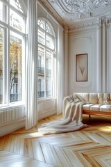 Bright modern living room with classic architecture and elegant decor overlooking a city view in warm afternoon light