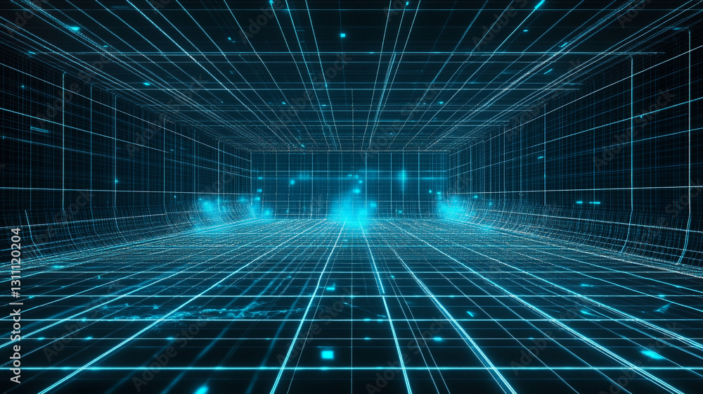 Poster abstract digital grid tunnel futuristic technology background image blue dark glow data cyber space