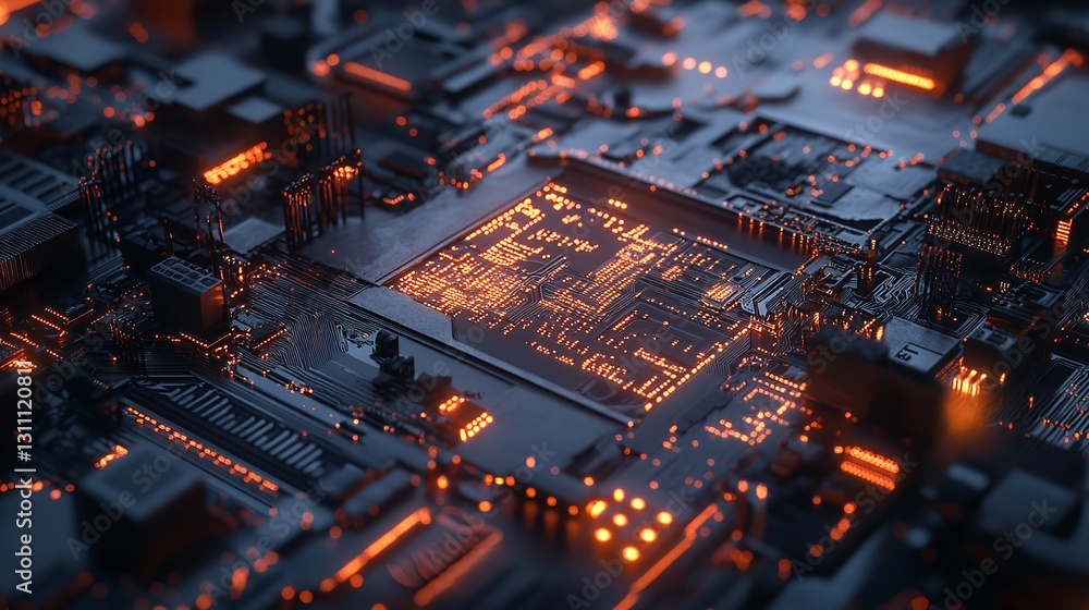 Poster aerial view of a futuristic cityscape with glowing circuitry and microchip structures showcasing mod