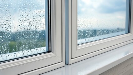 Energy-efficient home upgrades concept. Close-up of a window with raindrops, showcasing a cloudy outdoor view.