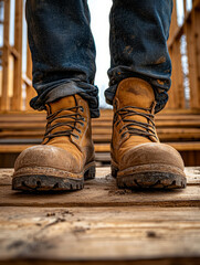Close-up of rugged leather work boots on a wooden platform.