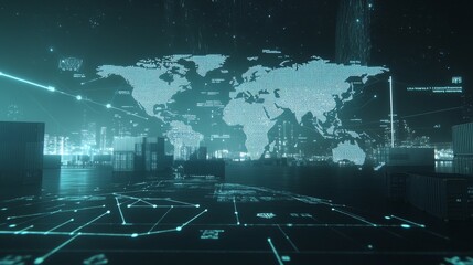 Macro view of digital global trade routes overlaid on transparent world map, bokeh effect warehouse lighting creating starfield-like backdrop, particle system showing real-time cargo movement,