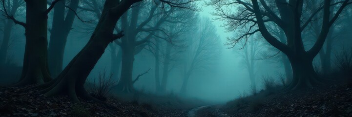 Obraz premium Gloomy woods; swirling mist, gnarled branches, Halloween feel, environment art, panorama, fantasy art