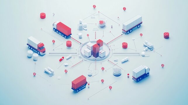 Medicine distribution network design, centralized supply hub, systematic delivery routes, modern logistics visualization, circular node connections, fleet transport icons, clean geometric layout,