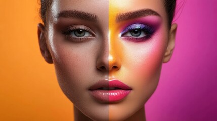 Professional makeup transformation showcasing natural beauty on one side and vibrant glam on the other with detailed skin texture