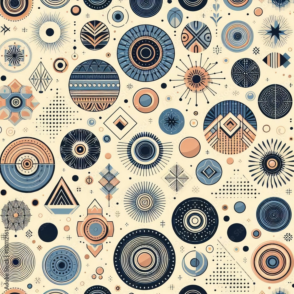 Poster abstract seamless retro pattern with circles and geometric design in brown tones