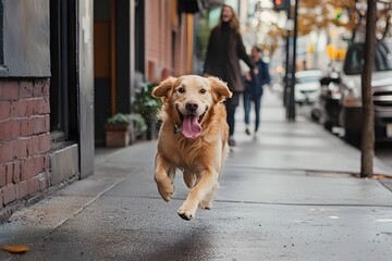 Excited Golden Retriever Sprinting Across Urban Sidewalk With Joyful Energy