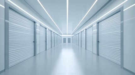 Obraz premium modern self-storage facility interior, gleaming white roll-up doors, long perspective corridor, recessed LED lighting, metallic door handles, light gray floor finish, professional storage space