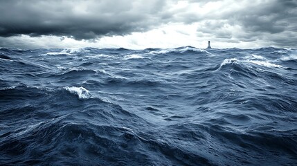 A Stormy Ocean Scene With Waves And A Distant Lighthouse