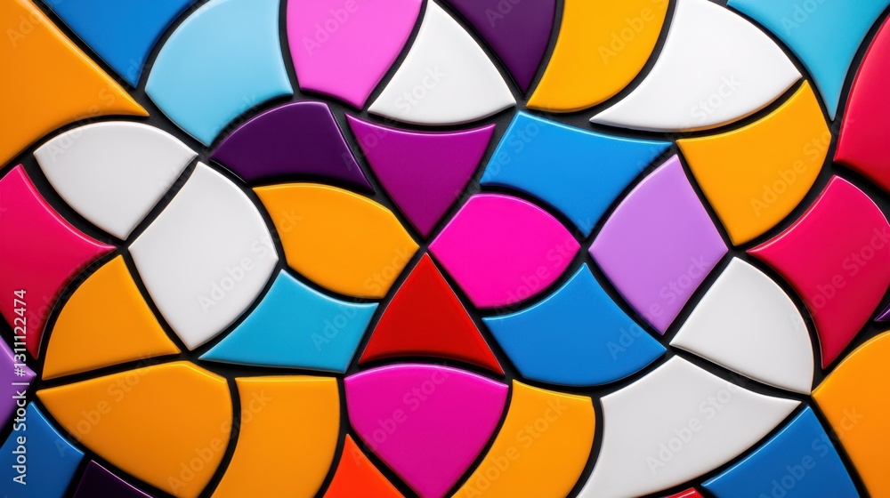 Poster a colorful mosaic of squares and triangles. the colors are bright and vibrant, creating a lively and