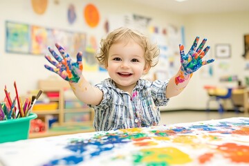 Joyful Child Explores Art in Vibrant Preschool Setting