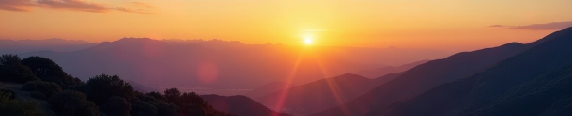Fototapeta premium Golden hour light bathes mountain range, shadows lengthen across valley below , grand, range
