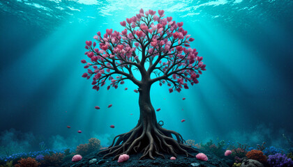 Magical tree with pink leaves underwater