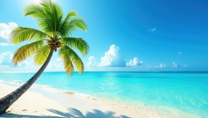 Fototapeta premium Lone palm, turquoise water, sun-drenched isle, remote, element