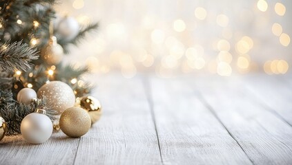 Elegant Christmas decorations on white wooden table with bokeh lights